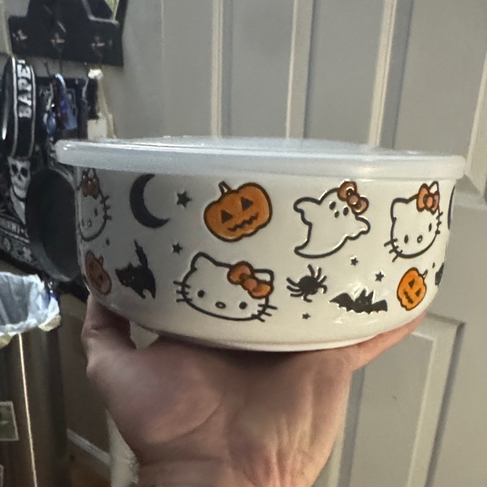 Hello Kitty Halloween Glass Bowl with suction lid and vent.